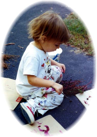 young child drawing on paper with pokeweed inkberry ink